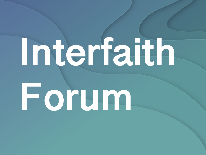 A graphic with a blue gradient with the Interfaith Forum Title