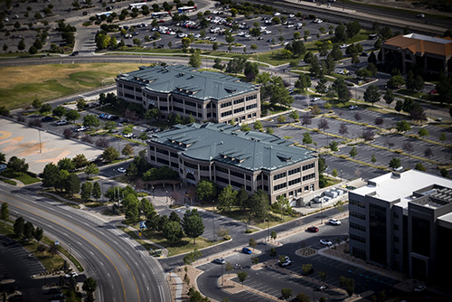 Aerial view of UVU at Thanksgiving Point in Lehi.