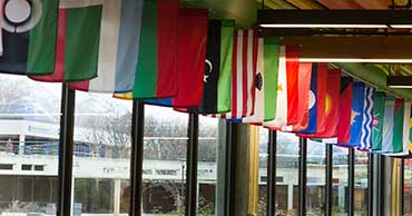 Row of hanging flags from different countries.