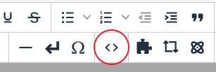 Screen capture showing HTML source icon in Omni CMS editor toolbar.