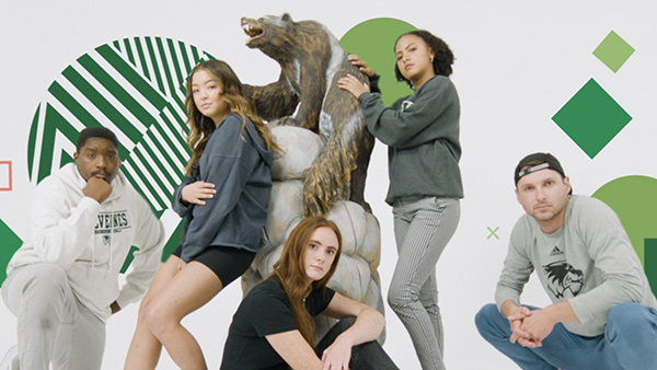 Group of students posing in front of a white background with stylized graphic elements.