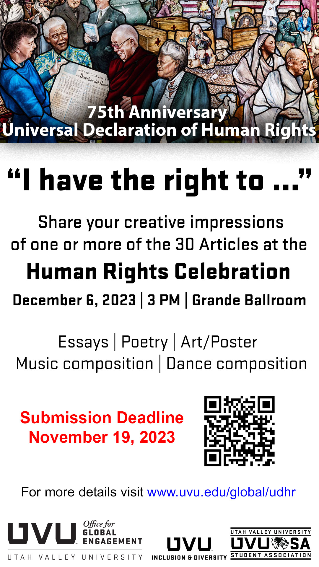 75th Anniversary of the Universal Declaration of Human Rights, call for submissions for essays, poetry, art, music, or dance compositions in relation to one or more of the declarations
