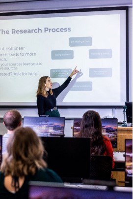 A Fulton Library librarian stand in front of a class and points at a presentation screen labelled “The Research Process.
