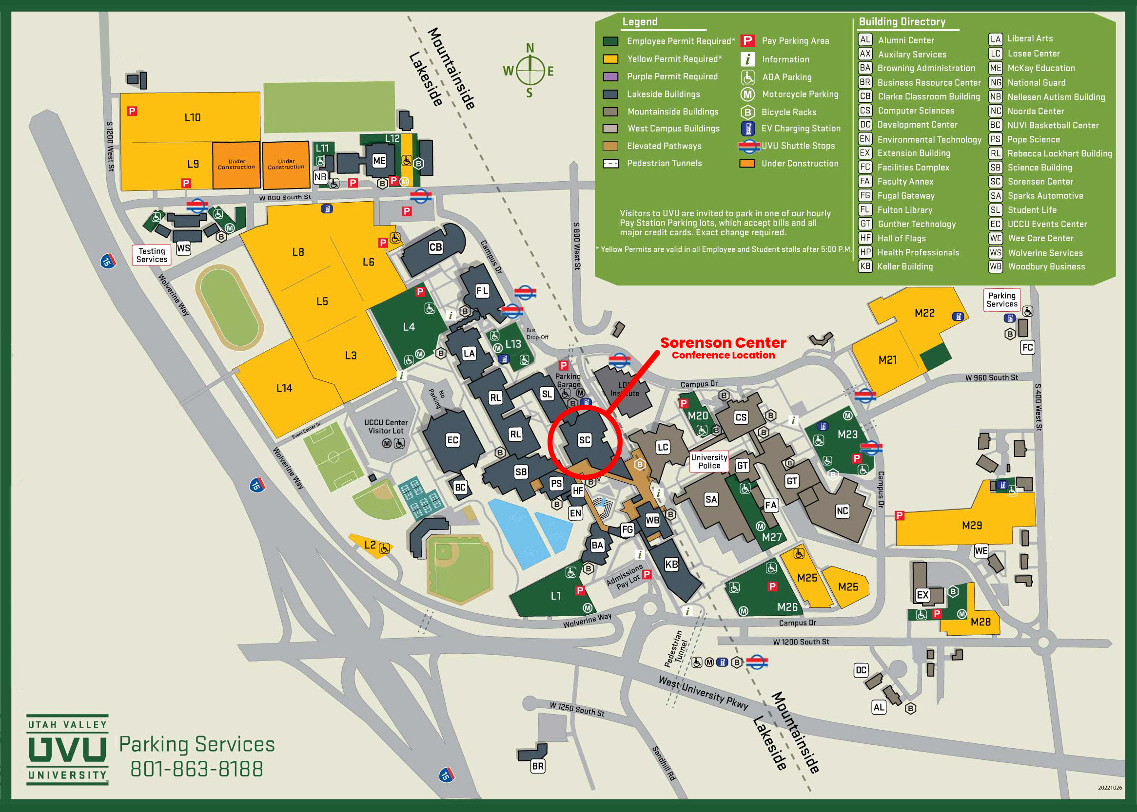 Concourse Map showing where the Sorenson Center is at UVU