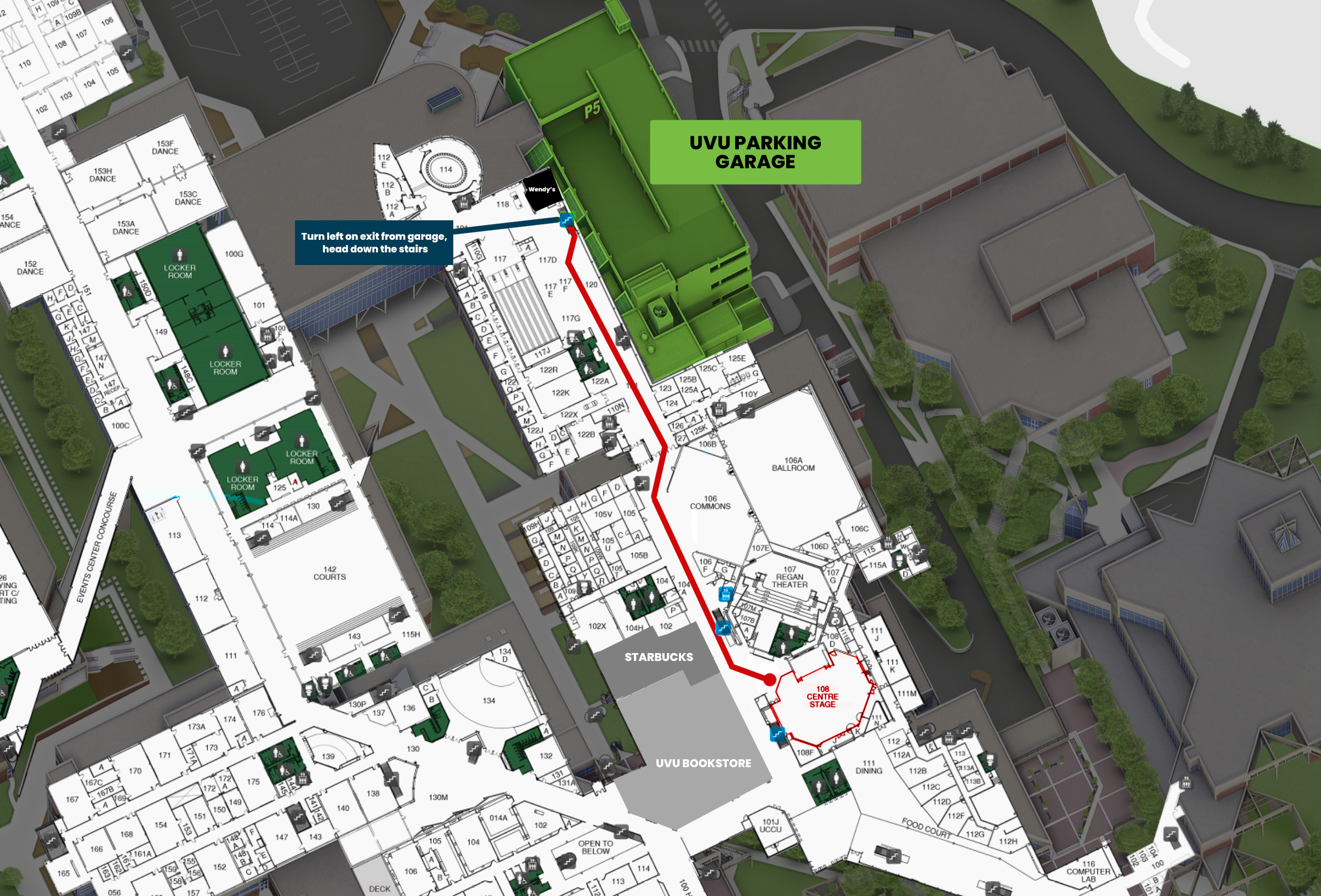 Map showing how to get to the Sorenson Student Center from the Parking Garage