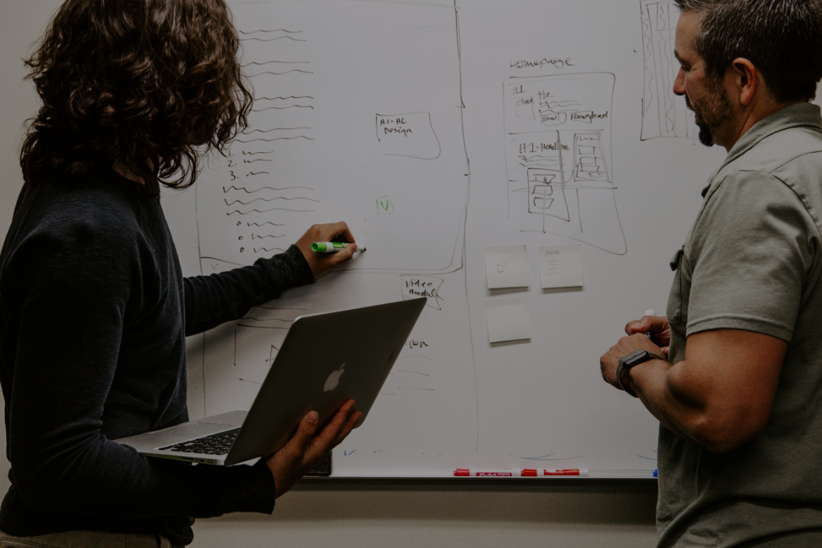 Two office workers writing on a whiteboard