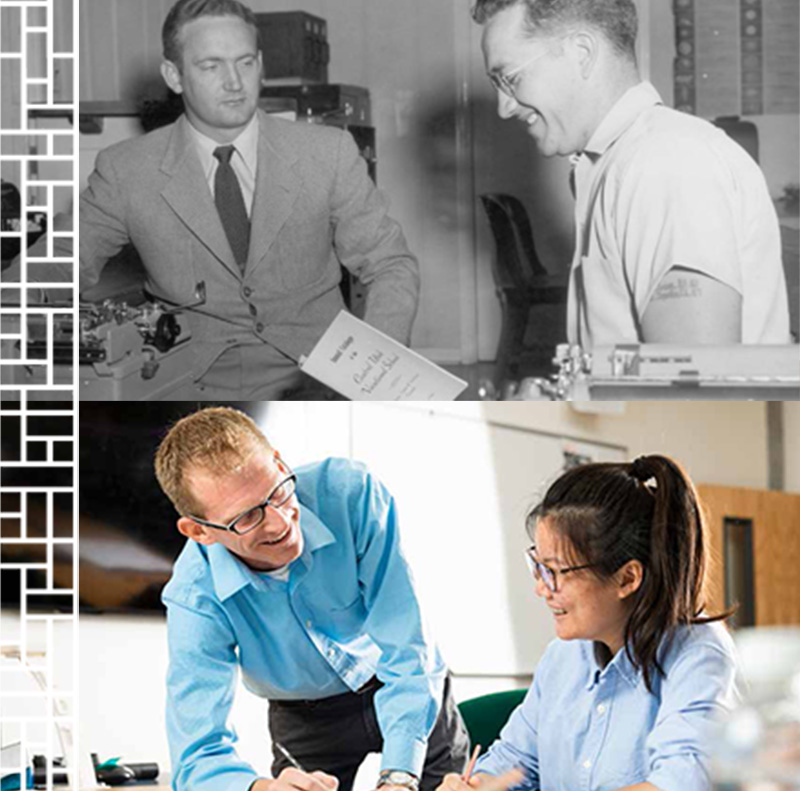 historic and current images of teachers helping students
