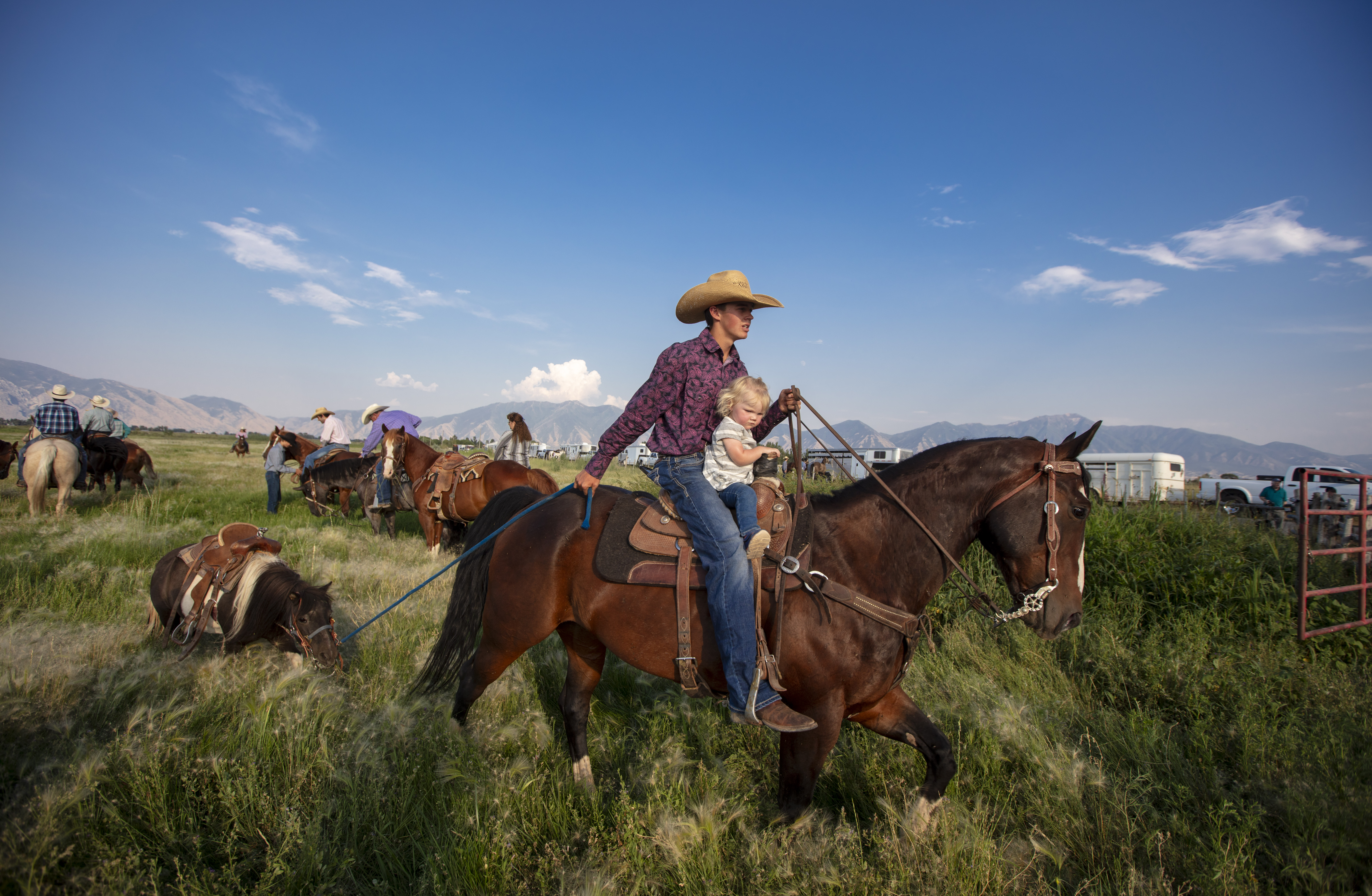cowboy riding a horse in grassy field