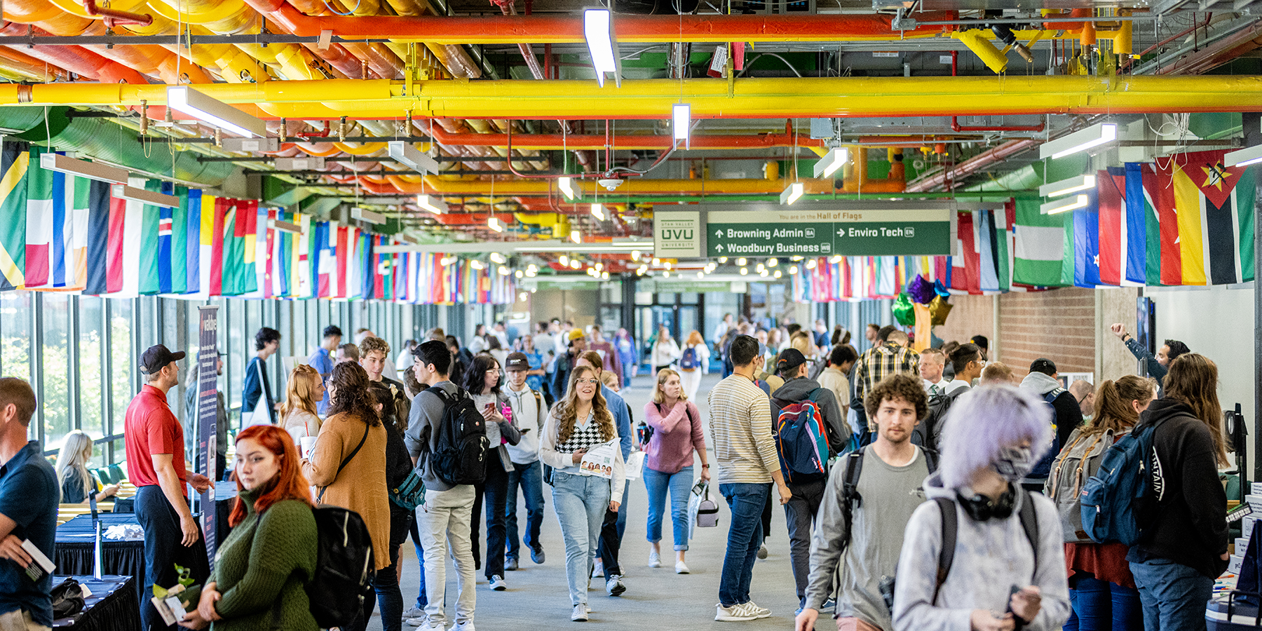 Hall of Flags filled with students