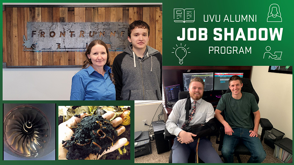 Four images from the 2023 Job Shadow Program. Two are of mentor pairs, one of an airplane fan, and another of some compost.