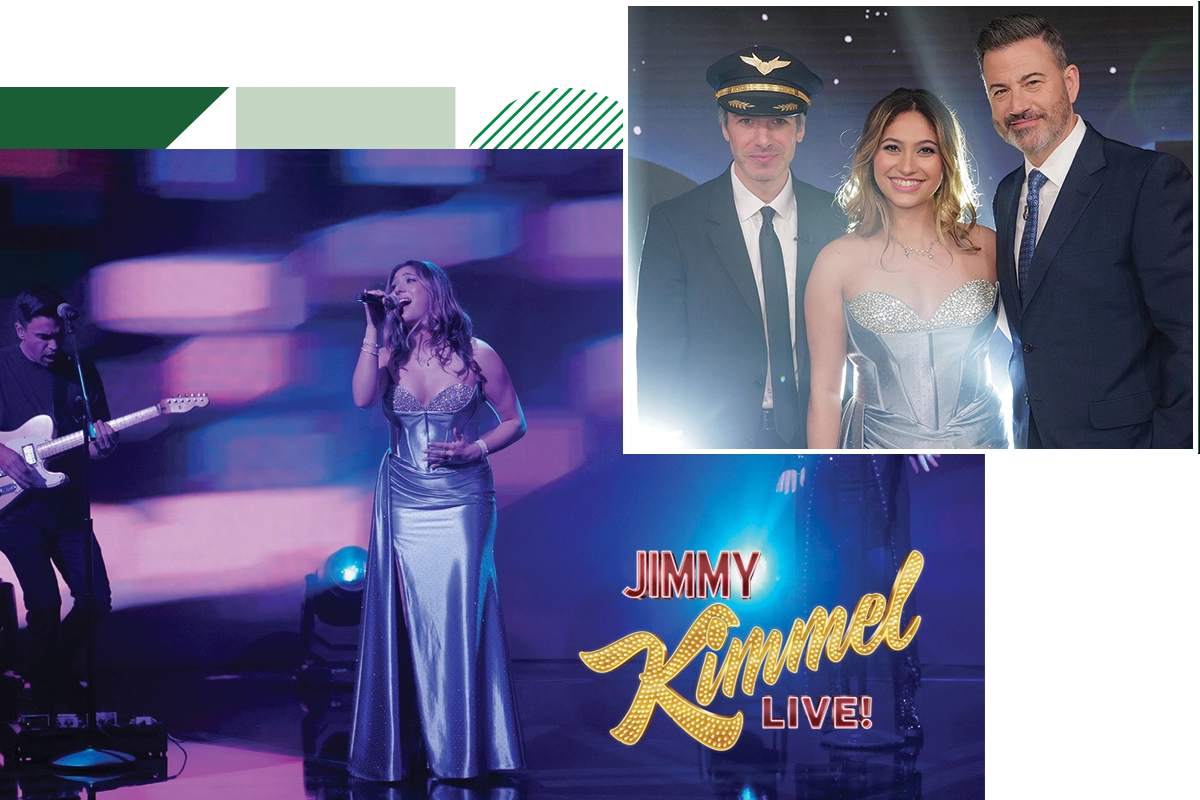 Image 1 - UVU student Isabella Henao, wearing a light blue gown, poses on the set of “Jimmy Kimmel Live!” with comedians Nathan Fielder and Jimmy Kimmel. Image 2 - UVU student Isabella Henao, wearing a light blue gown, performs on stage on “Jimmy Kimmel Live!” with a guitarist and backup singer. Image 1 - UVU student Isabella Henao, wearing a light blue gown, poses on the set of “Jimmy Kimmel Live!” with comedians Nathan Fielder and Jimmy Kimmel. Image 2 - UVU student Isabella Henao, wearing a light blue gown, performs on stage on “Jimmy Kimmel Live!” with a guitarist and backup singer.