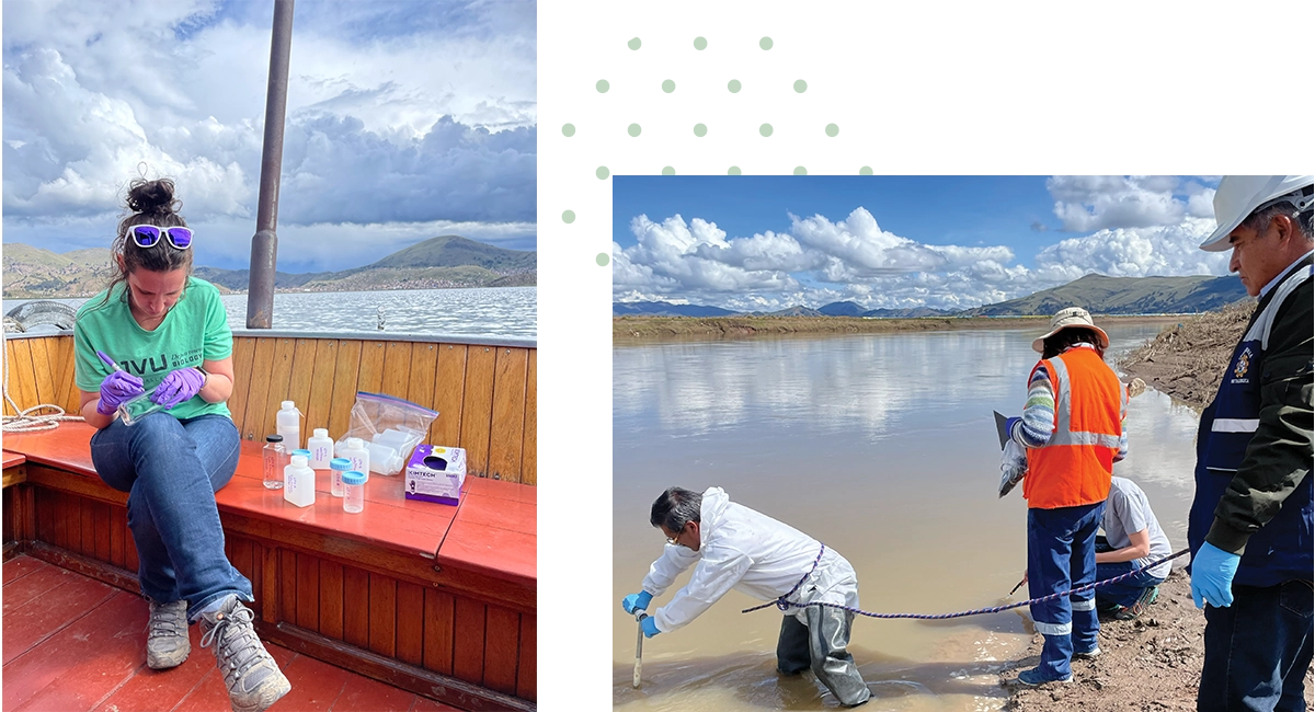 A UVU professor, wearing a green UVU Department of Biology t-shirt and purple latex gloves, labels a glass bottle while sitting on a boat on a body of water. And students take samples from a large body of water. A UVU professor, wearing a green UVU Department of Biology t-shirt and purple latex gloves, labels a glass bottle while sitting on a boat on a body of water. And students take samples from a large body of water.