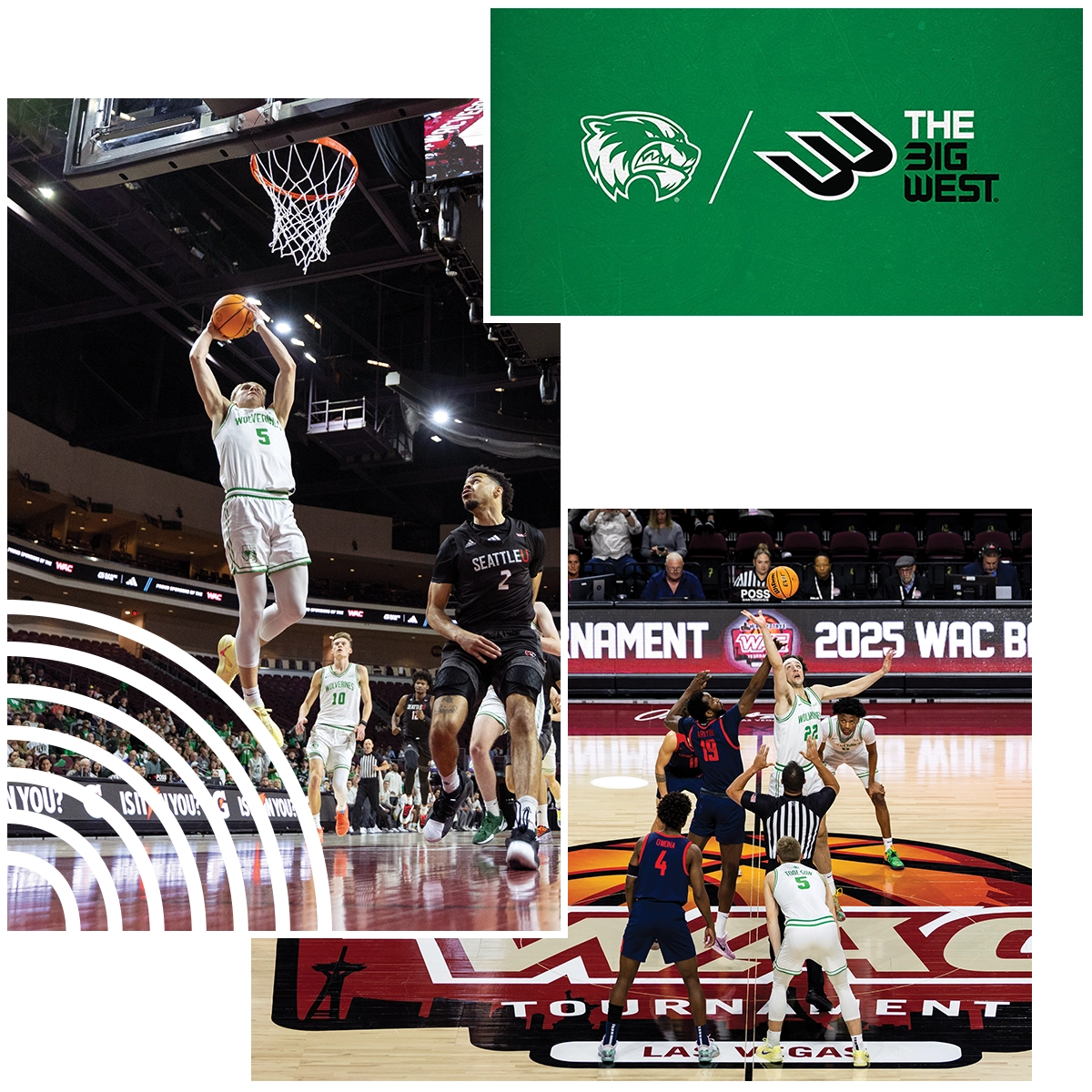 Image 1 - A UVU men’s basketball team member jumps to dunk a basketball. Image 2 - UVU men’s basketball plays on the court in Las Vegas at the 2025 WAC basketball tournament. Image 1 - A UVU men’s basketball team member jumps to dunk a basketball. Image 2 - UVU men’s basketball plays on the court in Las Vegas at the 2025 WAC basketball tournament.
