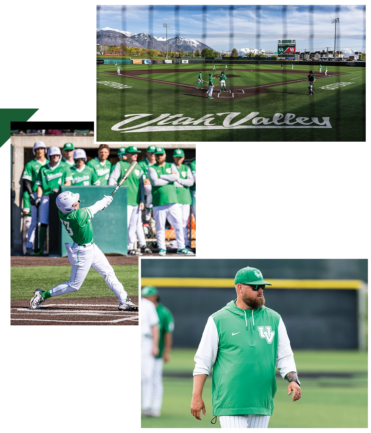 Image 1 - The UVU baseball team plays a game at the UCCU Ballpark. Image 2 - A UVU baseball team member swings a bat as the rest of the team looks on from the dugout. Image 3 - UVU baseball coach Nate Rasmussen, wearing a green and white Utah Valley jacket and a green Wolverines cap, walks on the field at the UCCU Ballpark. Image 1 - The UVU baseball team plays a game at the UCCU Ballpark. Image 2 - A UVU baseball team member swings a bat as the rest of the team looks on from the dugout. Image 3 - UVU baseball coach Nate Rasmussen, wearing a green and white Utah Valley jacket and a green Wolverines cap, walks on the field at the UCCU Ballpark.