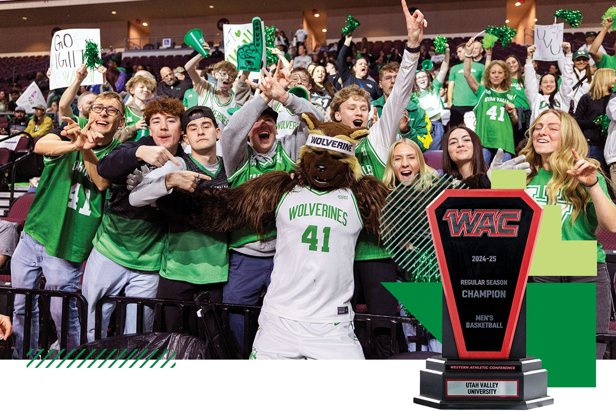 Image 1 - A crowd of UVU sports fans wearing green UVU jerseys and t-shirts poses with Willy the Wolverine at a basketball game. Image 2 - The trophy won by UVU men’s basketball in the 2024-25 WAC. Image 1 - A crowd of UVU sports fans wearing green UVU jerseys and t-shirts poses with Willy the Wolverine at a basketball game. Image 2 - The trophy won by UVU men’s basketball in the 2024-25 WAC.
