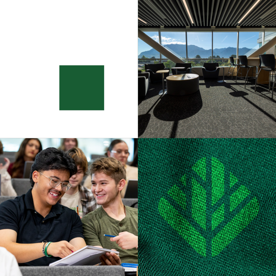 1. Two students smile as they chat together while sitting in a lecture. 2. Evergreen logo. 3. Interior study area.