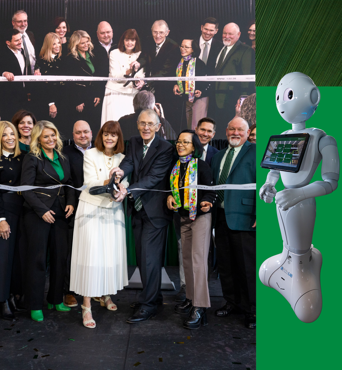 1. Scott M. and Karen Smith hold a large pair of scissors as they cut the ribbon on the Scott M. Smith Engineering Building, surrounded by UVU staff members and UVU Board of Trustees members. 2. Cut-out photo of a white robot. 