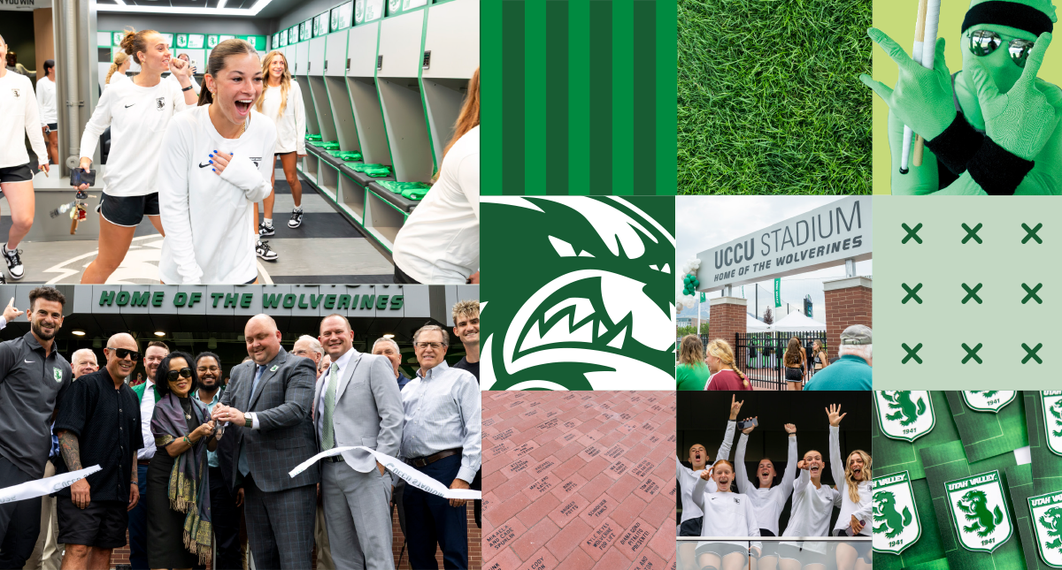 UCCU Statium collage featuring: 1. Utah Valley women’s soccer players smile and laugh together in the UCCU Stadium women’s locker room. 2. Photo of the exterior sign of the UCCU Stadium reading “Home of the Wolverines.” 3. Justin Olson, president and CEO of UCCU, and Former UVU President Astrid S. Tuminez cut the ribbon on the new UCCU Stadium in front of a group. 4. Five UVU women’s soccer players, wearing long-sleeved white shirts and black shorts, raise their hands and cheer at the camera. 5. Photo of green and white Utah Valley soccer pins. 6. Bricks with donor names. 7. Grass.