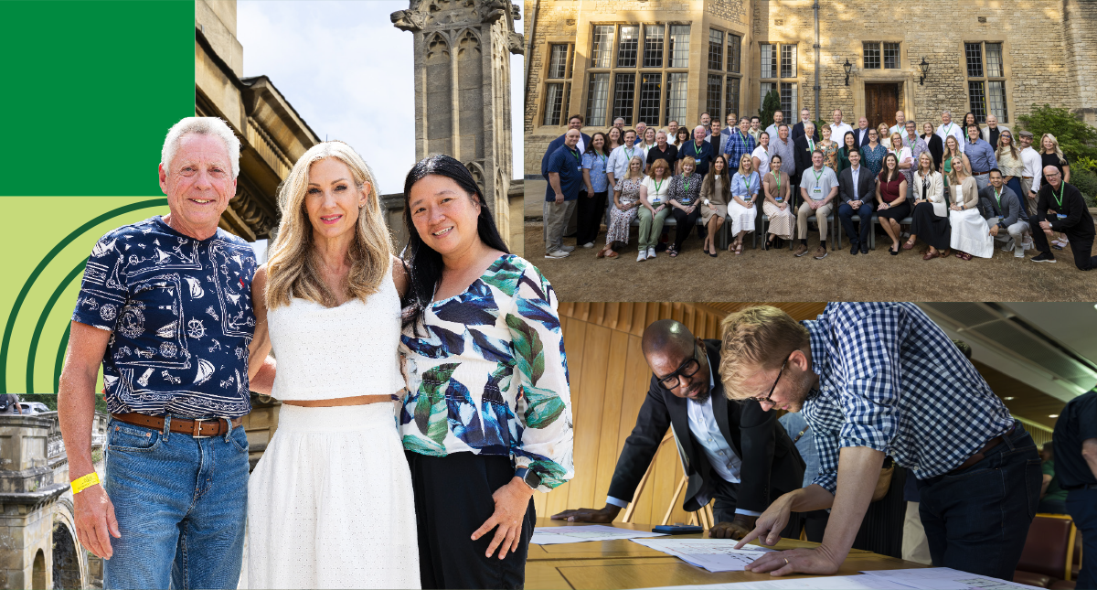 Oxford photo collage featuring: 1. Three adults pose together outside the University of Oxford. 2. Group photo of donors, staff and faculty members, and UVU President Jon Anderson in front of a building at the University of Oxford. 3. Two men examine documents on a table.