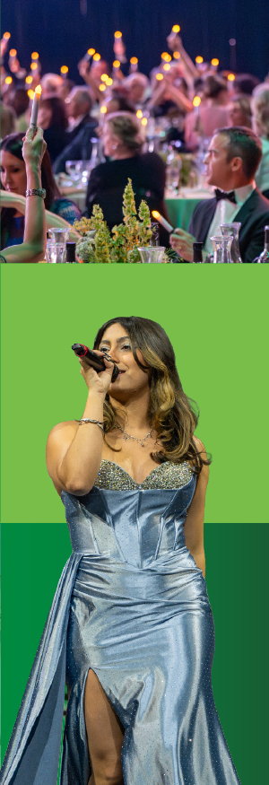 1. Attendees at the President’s Scholarship Ball, seated at tables, hold up lit tapered candles. 2. UVU student Isabella Henao, wearing a blue ball gown and holding a microphone, sings during a performance at the President’s Scholarship Ball. 