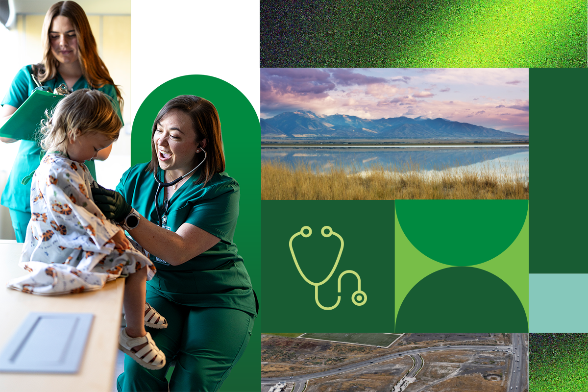 Photo collage of: 1. A UVU student wearing green scrubs uses a stethoscope during a check-up on a child wearing a white hospital gown with tigers on it. Another UVU student wearing green scrubs marks notes on a clipboard in the background. 2. Photo of Utah Lake as seen from the eastern shore. 3. Aerial photo of Vineyard, Utah. 