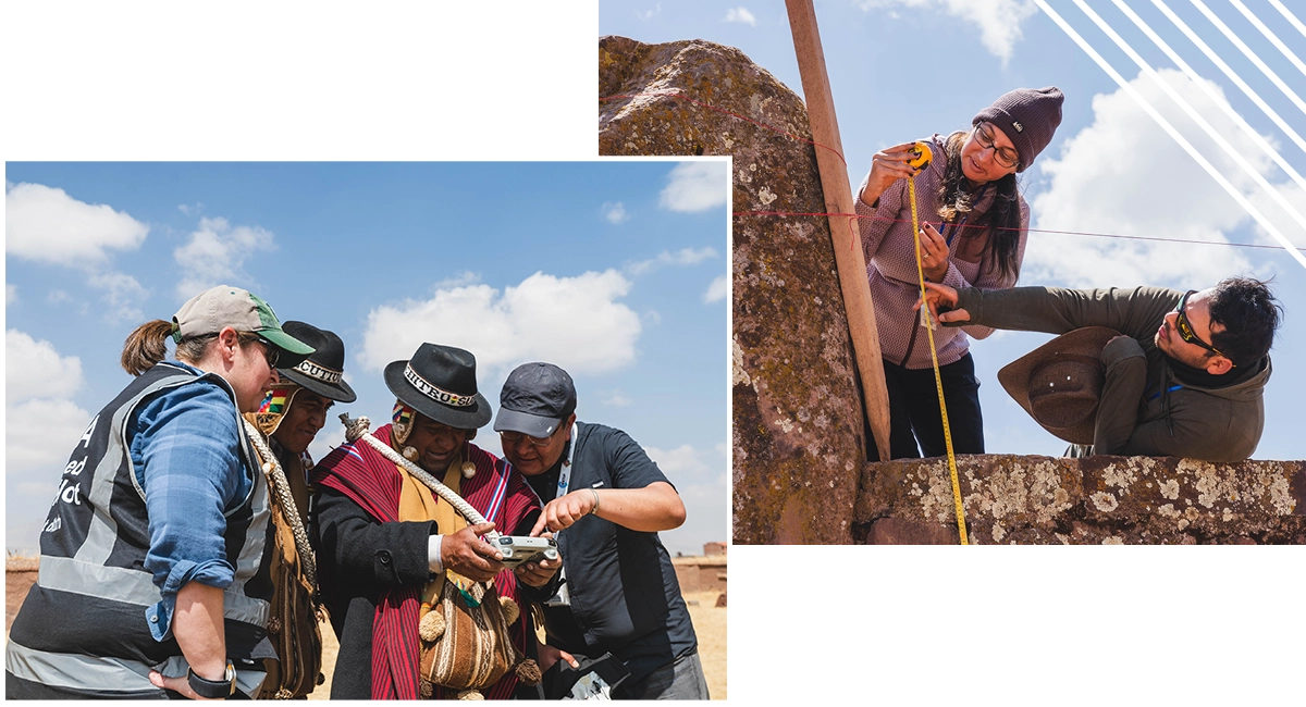A group of four individuals, two of whom are wearing traditional Bolivian clothing, gather together to view data on a device. A group of four individuals, two of whom are wearing traditional Bolivian clothing, gather together to view data on a device.