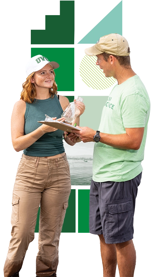 Standing knee-deep in Utah Lake, a UVU student in a white UVU cap and a tank top speaks with a UVU College of Science faculty member. Standing knee-deep in Utah Lake, a UVU student in a white UVU cap and a tank top speaks with a UVU College of Science faculty member.