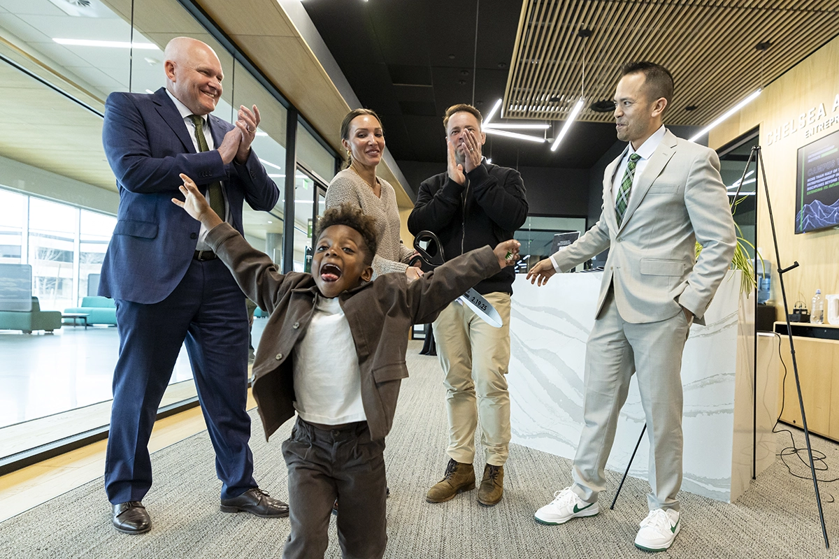 UVU Woodbury School of Business Dean Robert Allen, Vice President of Institutional Advancement Kyle Reyes, Chelsea and Casey Baugh, and the Baughs’ young son celebrate the opening of the Baugh Entrepreneurship Institute in UVU’s Scott C. Keller Building. UVU Woodbury School of Business Dean Robert Allen, Vice President of Institutional Advancement Kyle Reyes, Chelsea and Casey Baugh, and the Baughs’ young son celebrate the opening of the Baugh Entrepreneurship Institute in UVU’s Scott C. Keller Building.