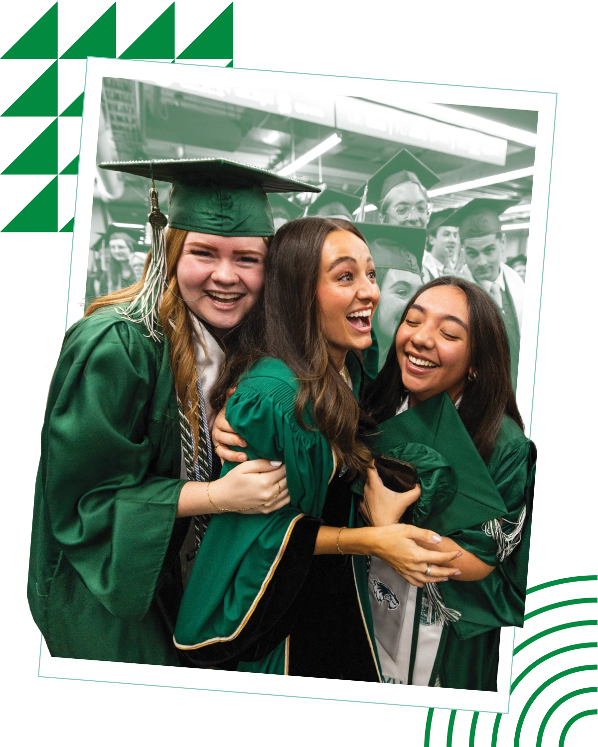 UVU students in graduation regalia smile together as they celebrate the Class of 2025 graduation. UVU students in graduation regalia smile together as they celebrate the Class of 2025 graduation.