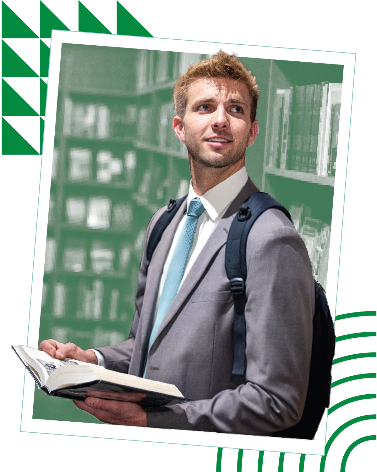 A student wearing a gray suit, light blue tie, and a black backpack holds a textbook and smiles. A student wearing a gray suit, light blue tie, and a black backpack holds a textbook and smiles.