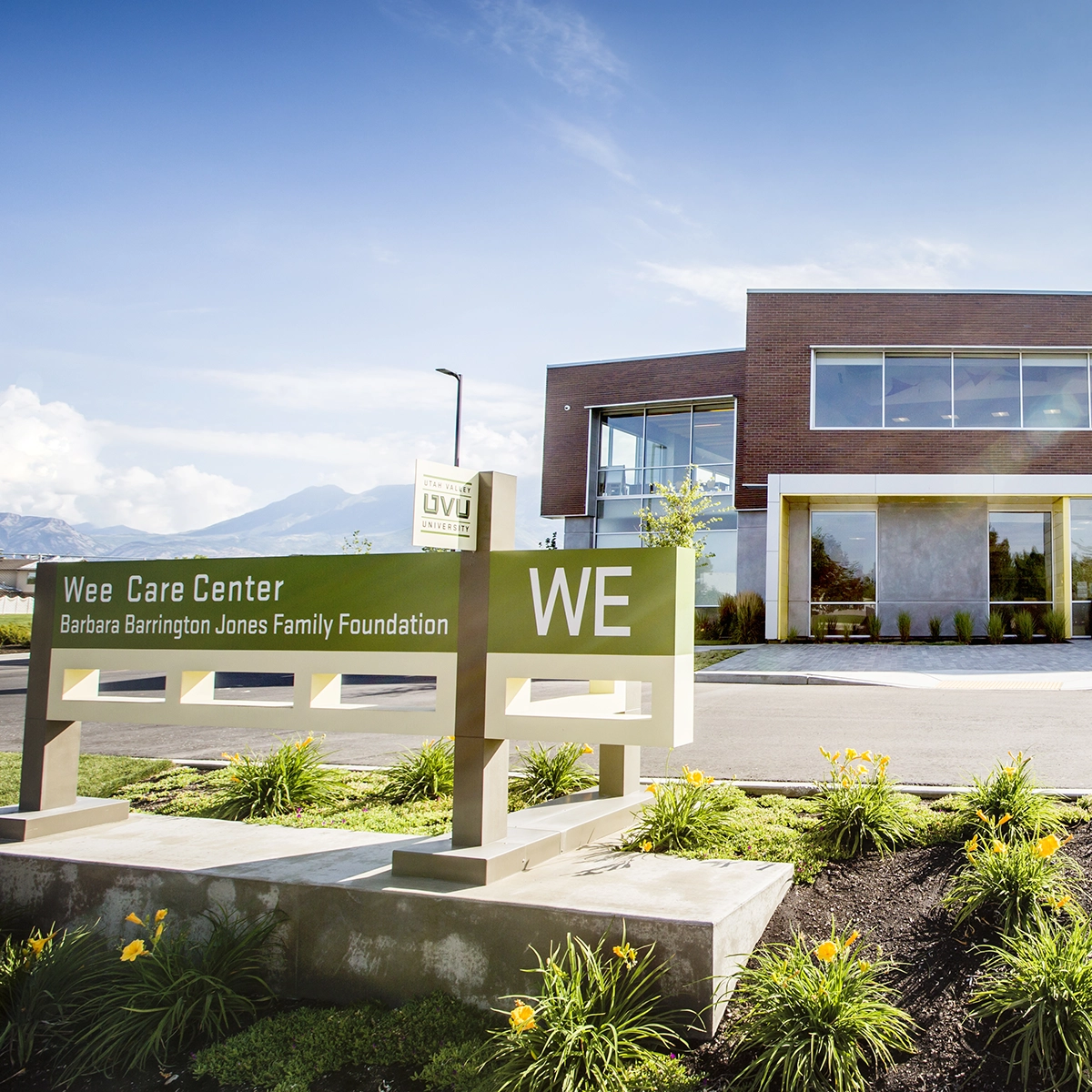 Exterior photo of the Wee Care Center on UVU’s Orem Campus. Exterior photo of the Wee Care Center on UVU’s Orem Campus.
