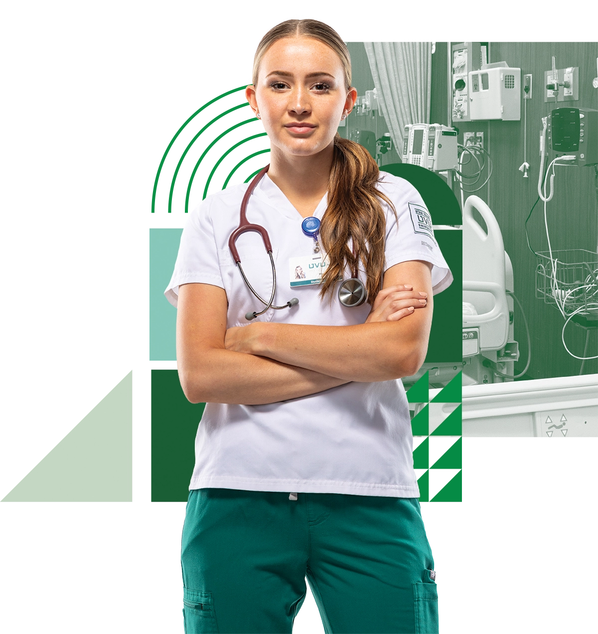 UVU nursing student Madison Heaton, wearing a white shirt and green pants with a stethoscope around her neck, folds her arms and looks straight at the camera. UVU nursing student Madison Heaton, wearing a white shirt and green pants with a stethoscope around her neck, folds her arms and looks straight at the camera.