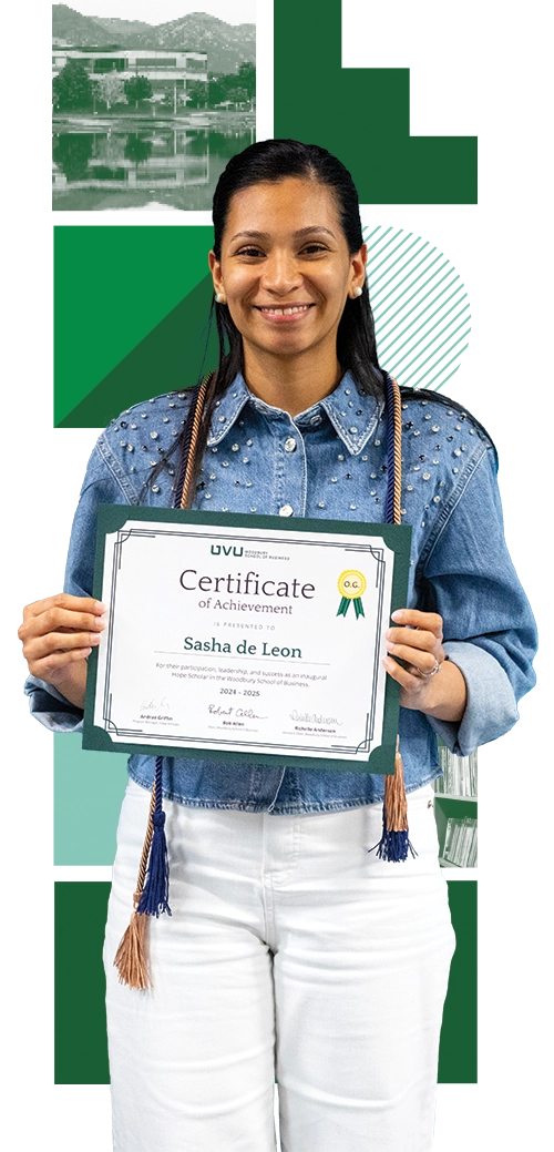Hope Scholarship winner Sasha de Leon, wearing a denim shirt and white pants, holds a certificate of achievement and smiles. Hope Scholarship winner Sasha de Leon, wearing a denim shirt and white pants, holds a certificate of achievement and smiles.