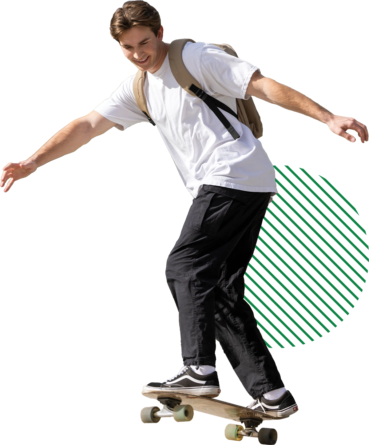 UVU student Conner Green rides a skateboard outdoors on UVU’s Orem Campus. 