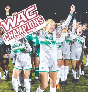 The Utah Valley women’s soccer team celebrates their achievement as WAC champions. 