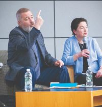 Dmitry Muratov, Russian journalist and Nobel Laureate, and his translator speak on stage during a question-answer forum held by UVU’s Center for Constitutional Studies. 