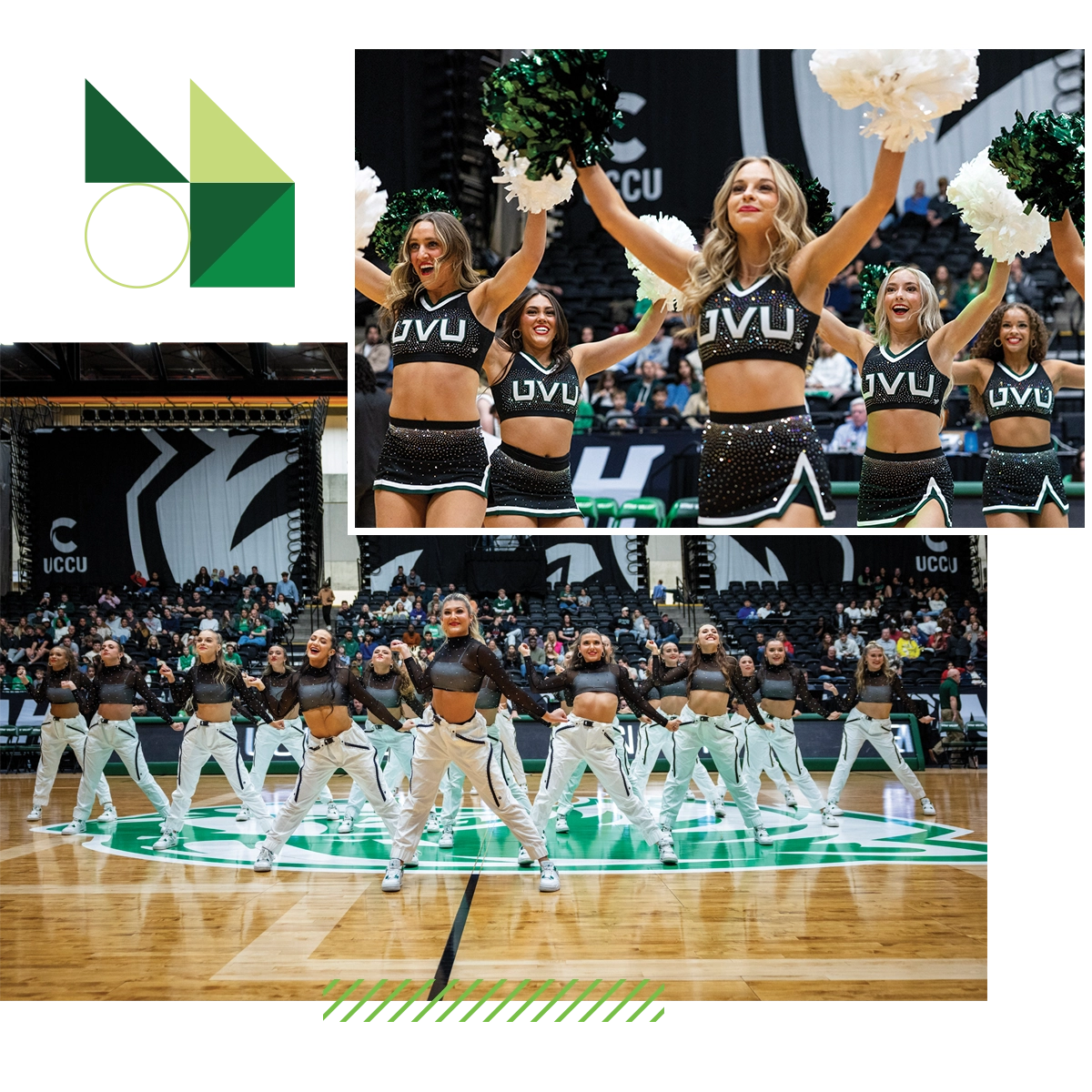 Image 1 - The UVU cheer team, wearing black and white UVU dance attire, performs at a sports event in the UCCU Center on UVU’s Orem Campus. Image 2 - The UVU dance team, wearing sparkly black tops and white pants, dances on the court in the UCCU Center during a sports event. Image 1 - The UVU cheer team, wearing black and white UVU dance attire, performs at a sports event in the UCCU Center on UVU’s Orem Campus. Image 2 - The UVU dance team, wearing sparkly black tops and white pants, dances on the court in the UCCU Center during a sports event.