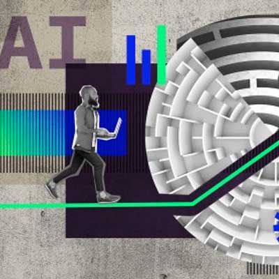 Graphic for speech showing a man on a laptop runing to a maze. Graphic for speech showing a man on a laptop runing to a maze.