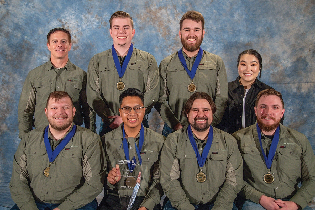 Students from UVU’s mixed-use construction management team pose for a group photo while wearing medals they won in the Associated Schools of Construction (ASC) Region 6 and 7 competition in Sparks, Nevada. 