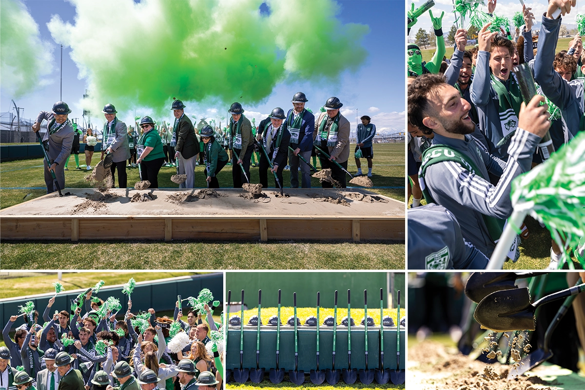 Clockwise from top left: 1. President Astrid S. Tuminez and other UVU representatives, wearing construction hard hats, shovel dirt during the groundbreaking ceremony for the new UCCU Soccer Stadium on UVU’s Orem Campus. 2. Close-up photo of soccer students, the Green Man Group, and others waving pom-poms and cheering during the UCCU Soccer Stadium groundbreaking ceremony. 3. Soccer students, the Green Man Group, and others wave pom-poms and cheer during the UCCU Soccer Stadium groundbreaking ceremony. 4. Photo of the shovels used in the UCCU Soccer Stadium groundbreaking ceremony. 5. Close-up photo of a shovel and dirt during the UCCU Soccer Stadium groundbreaking ceremony.