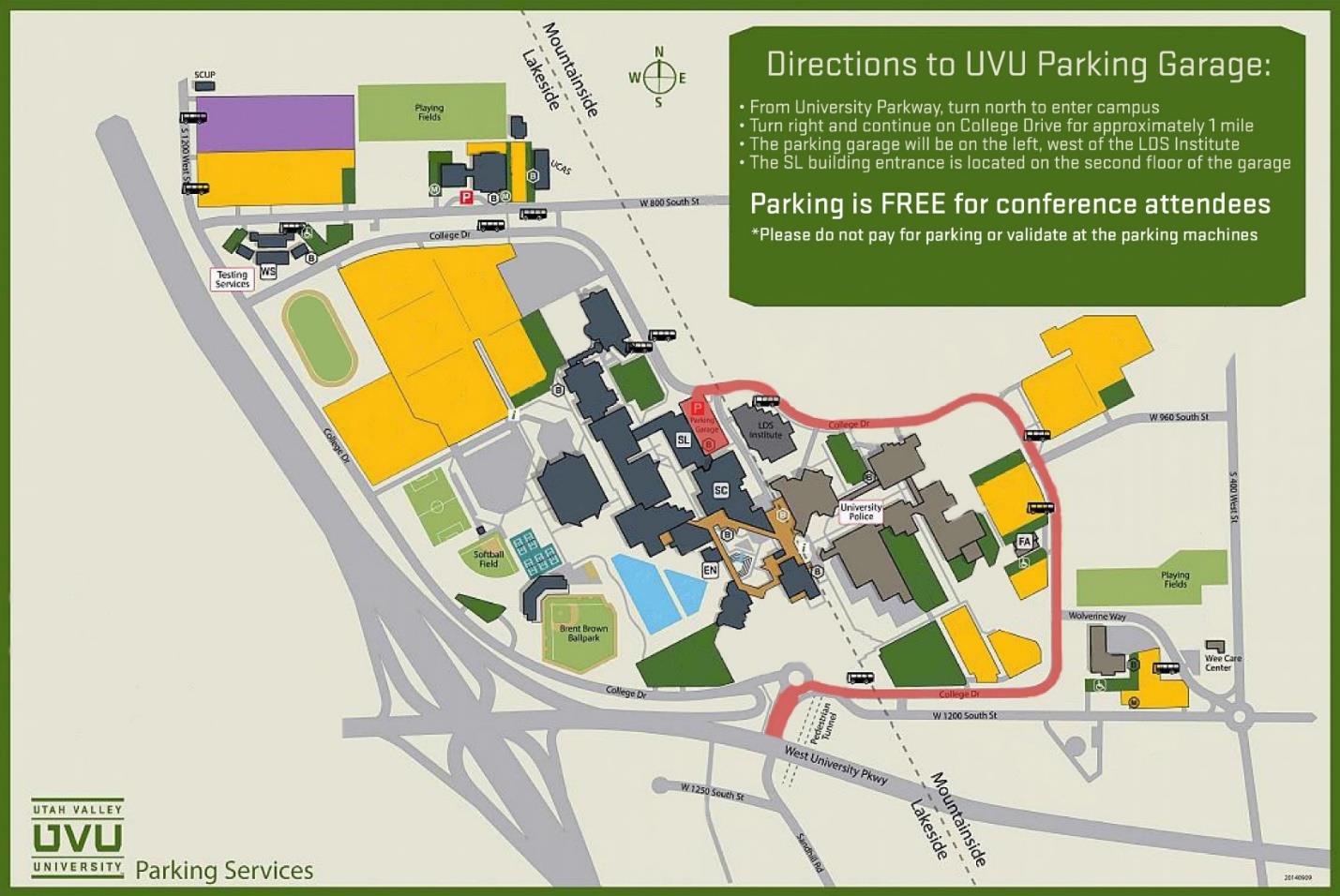 Parking Map for UVU With Directions to Parking Garage