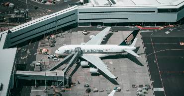 Aerial view of airport with multiple planes