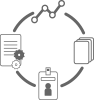 An icon showing name tag, papers, graph, and gears with instructions