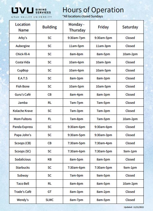 2022 Food Services Winter Break Schedule