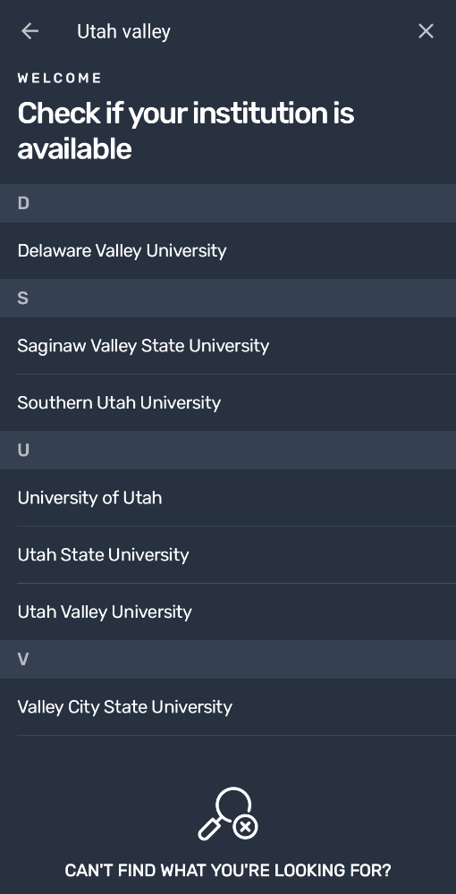 Select Utah Valley University from list