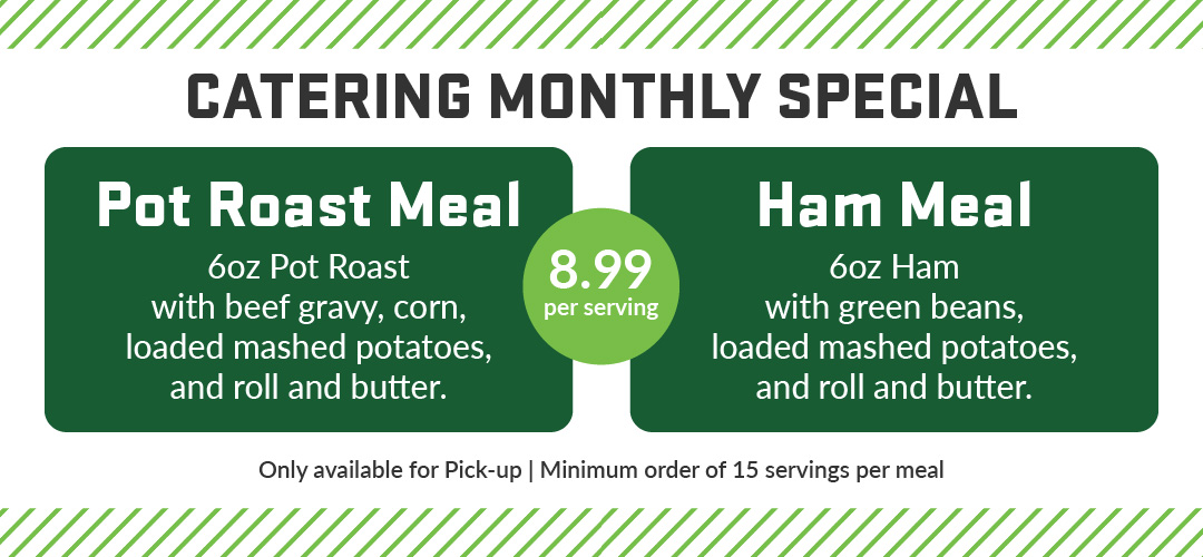 April monthly special for pot roast and ham meals