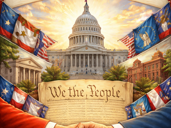 Capitol building surrounded by flags