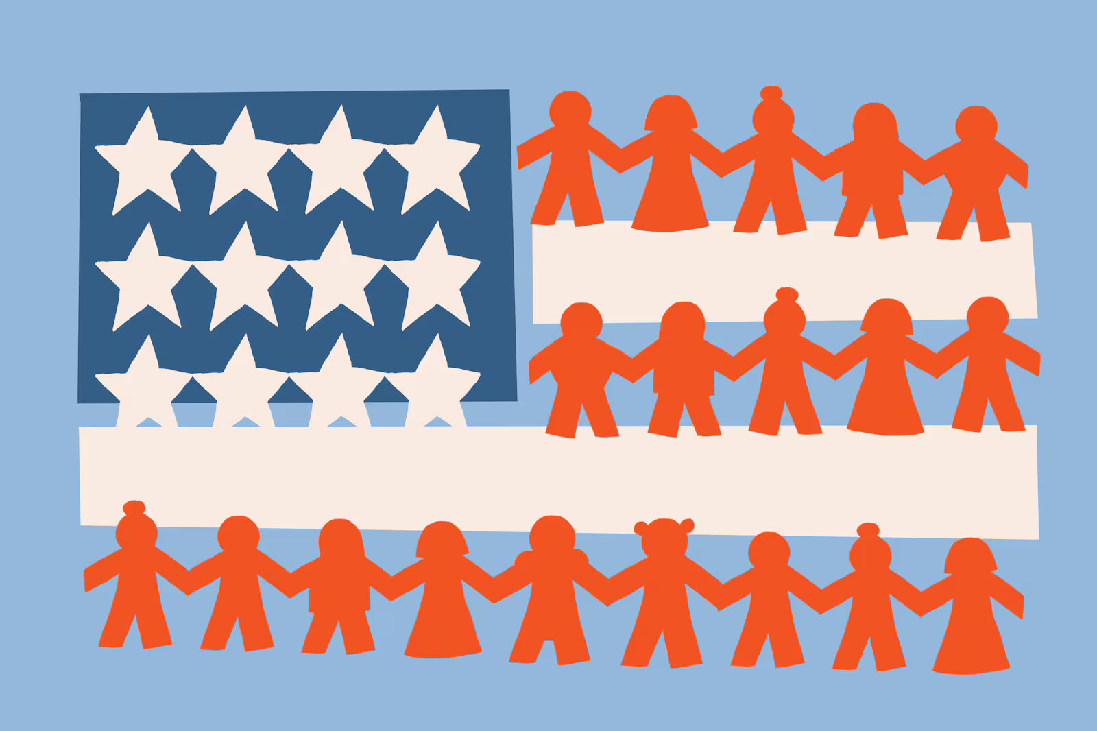 American Flag graphic, people holding hands as the red stripe