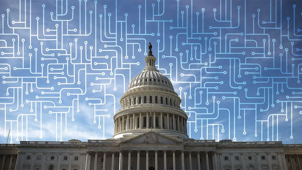 Capitol building with geometric lines surrounding