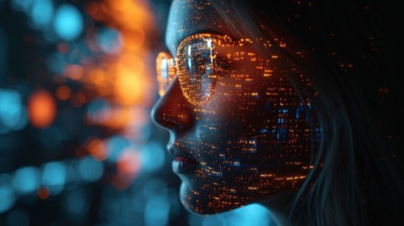 A person working on a computer with the reflection of the screen on their face